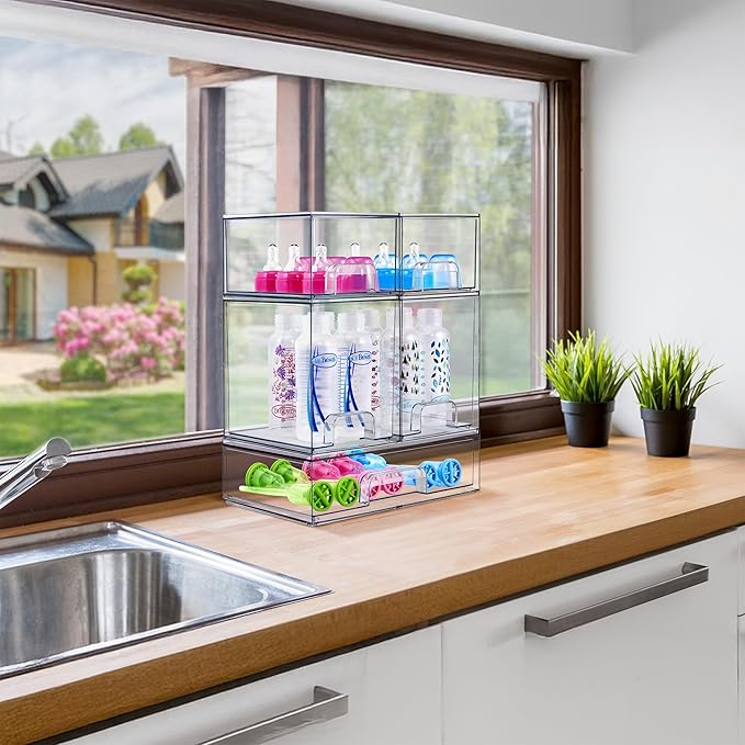 Sorbus Stackable Acrylic Storage Drawers, 12 Pack Clear Plastic Organizer Bins for Baby Bottles, Makeup, Bathroom, Vanity & Kitchen Countertop Organization, PullOut Drawer Design for Cabinets & Pantry