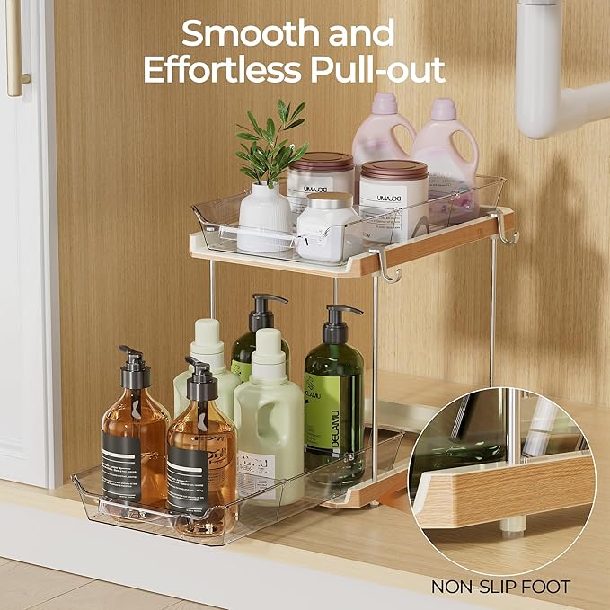 Delamu 2 Tier Under Sink Organizer Bathroom, Bathroom Cabinet Organizer with Snap-Lock Design and Hooks, Pull Out Storage with Movable Dividers, for Countertop, Kitchen and Pantry (Wood Grain, 4 Pack)