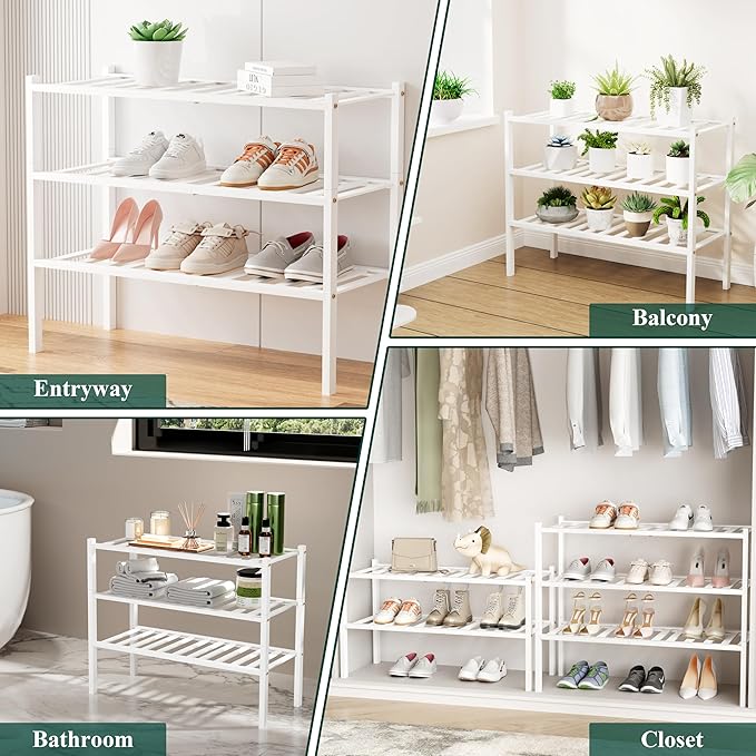 Smiry Small Bamboo Shoe Rack, 2 Tier Free Standing Wooden Shoe Organizer, Stackable Wood Shoe Storage Shelf for Closet, Entryway, 12 Vertical Slats, One-piece Standard Legs, 17.3"x11"x13", White
