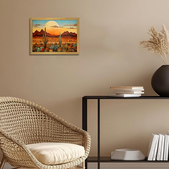 Framed Western Desert Sunset Cactus Wall Art, Vintage Southwest Nature
