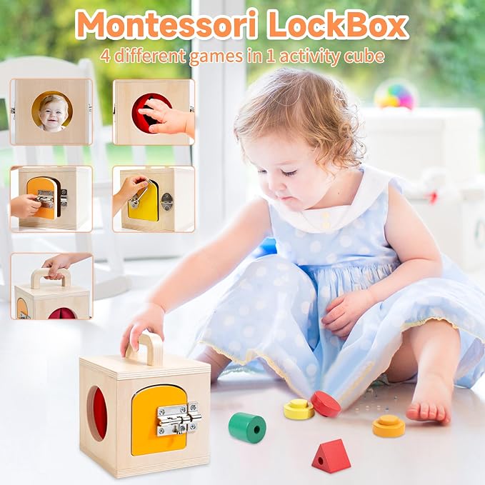 WOODMAM 9 in 1 Wooden Montessori Educational Toy Set for Kids 19-24 Months | 60Pcs Montessori Toys for 1+ Year Old, Lock Box, Color Sorting Board, Lacing Beads, Animal Figures, 19-24 Months Gifts