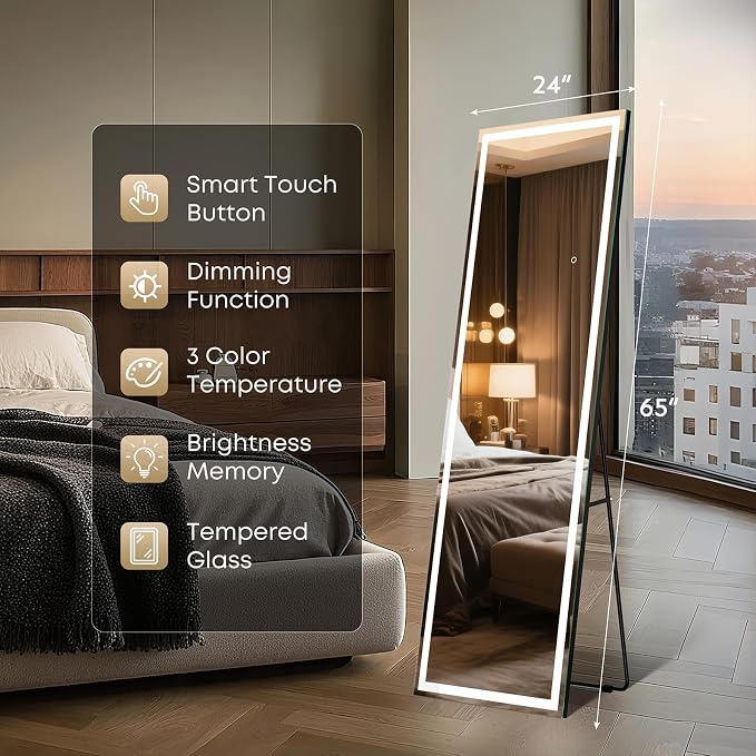 Kosmonia 65x24 Full Length Mirror, Dimmable 3 Color LED Light w/Light Memory