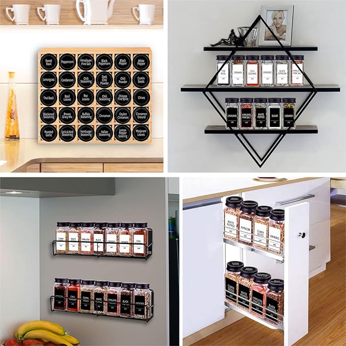 Churboro 25 Spice Jars with 547 Labels- Glass Spice Jars with Black Metal Caps, 4oz Empty Spice Containers with Shaker Lids, Funnel, Chalk Pen, Square Seasoning Bottles for Spice Rack, Drawer, Cabinet