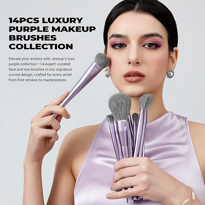 Jessup Makeup Brushes Set Professional 14pcs Vegan Make Up Brushes, Foundation Eyeshadow Concealer Contour Powder Blush Blending Eyeliner Brush, Premium Synthetic Fiber, Luxury Purple T512