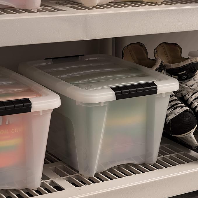 IRIS USA 19 Qt Stackable Plastic Storage Bins with Lids, 6 Pack - BPA-Free, Made in USA - Discreet Organizing Solution, Latches, Durable Nestable Containers, Secure Pull Handle - Pearl