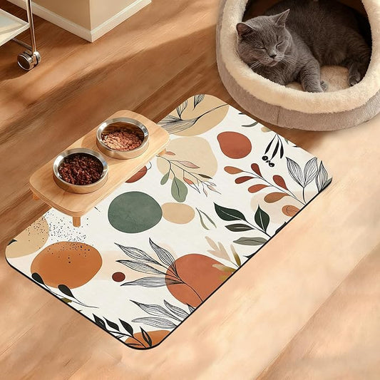 Boho Dog Cat Food Mat,Abstract Leaves Absorbent Waterproof Placemat for Food and Water Non Slip Rubber Backing Durable Feeding Pad for Clean Floors 12" x 20"