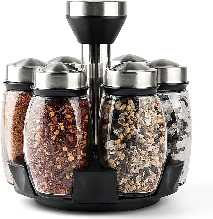 Mlici 6PC Spinning Glass Spice Jars - 360° Rotating Spice Rack Organizer with Jars, Stainless Steel Revolving Seasoning Holder Jars for Countertop Cabinet Kitchen Spices Cruets