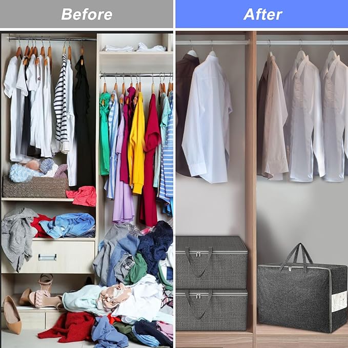 84L Extra Large Storage Bags, Folding Moving Comforter Blanket Storage Bags Closet Organizers and Storage Containers with Strong Handles&Zippers Clear Window for Clothes Bedding Pillow, Black