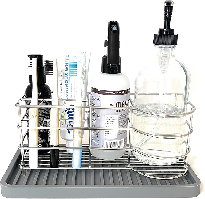 Silicone Kitchen Sink Organizer Tray, Sponge Holder and Countertop Protector | Bathroom and Kitchen Soap Dish and Dispenser Tray (Grey, 10"x5.25")