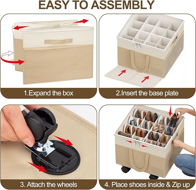 Large Shoe Organizer for Closet, Adjustable Dividers Shoe Storage Box Bins with Wheels Clear Cover Reinforced Handle Side Pocket Fits up to 16 Pairs, Foldable Shoe Organizer for Entryway Beige