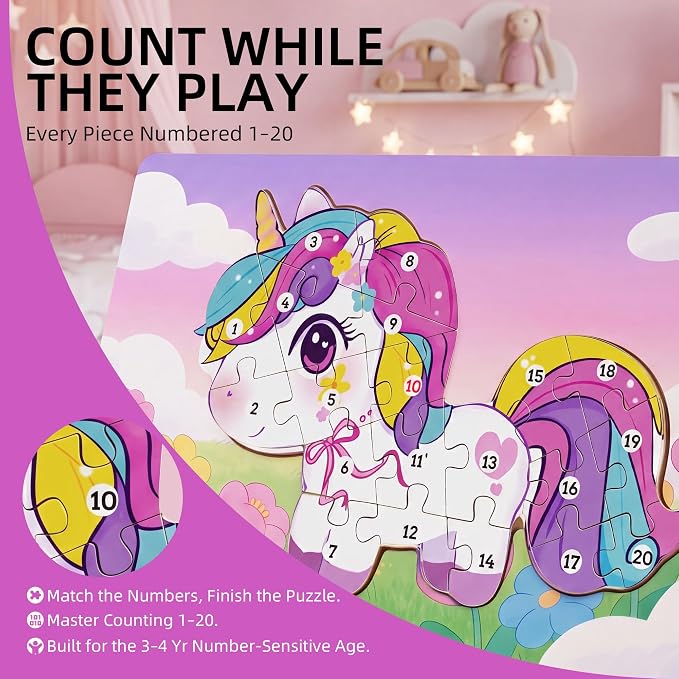 3 Pack 15.7"×8.9" Extra-Large Wooden Puzzle for Toddlers Age 3-5, Mermaid | Extra-Large numbered 1-20 blocks teach counting. Mermaid, castle, pony. Non-toxic, CPC certified, vibrant UV-printed colors