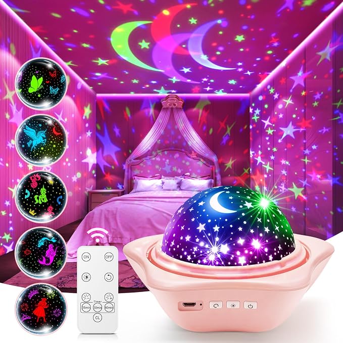 PIKOY Night Light for Kids, 90 Modes+6 Films+Dimmer+Timer+Remote Kids Night Light Projector, Rechargeable Built-in Battery+360° Silent Rotation Butterfly/Princess/Mermaid Room Decor,Girl Toys/Gifts