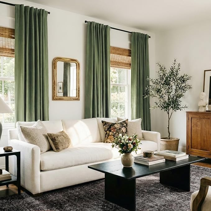 100% Blackout Shield Olive Green Linen Blackout Curtains
