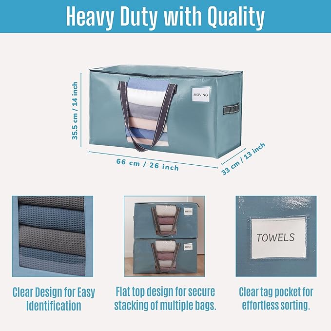 VENO 2 Pack Moving Bags, Christmas Storage Bins, Moving Boxes Alternative, Comforter and Blanket Storage Bags, College Dorm Packing Supplies, Foldable Heavy-Duty Tote (Shiny Light Blue, 2 Pack)