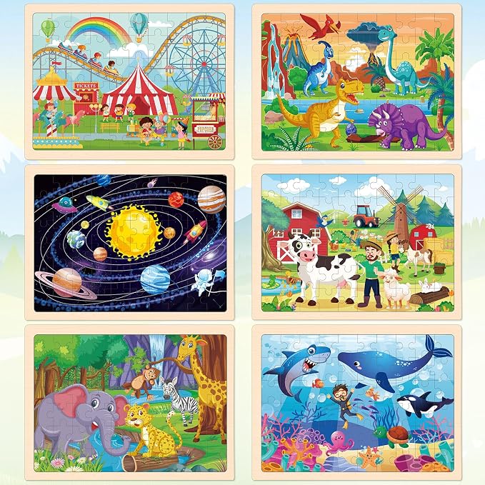 6-Pack Wooden Puzzles for Kids Ages 3-5, 60-Piece Animals Jigsaw Set | Toddler Puzzles Ages 3-5, Preschool Puzzles with Wooden Jigsaw Boards for Fine Motor Skills, Shape Recognition and Travel