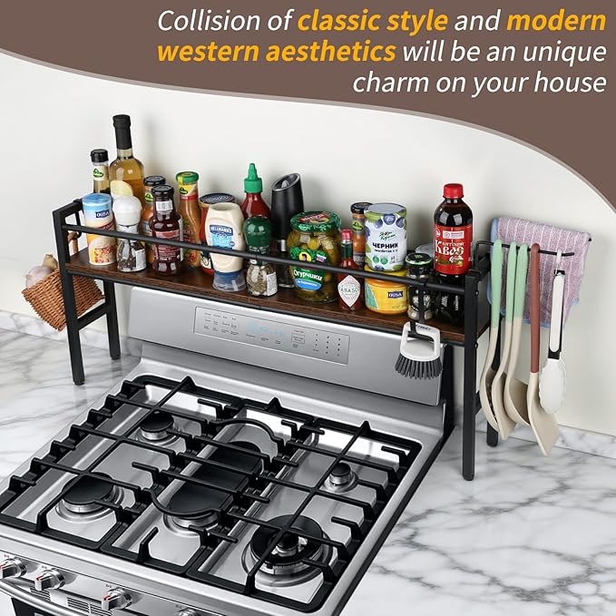 Meangood Spice Rack Shelf for Kitchen Stove, Over the Stove Shelf with 4 Hooks Extra Storage Countertop, Rustic Wood & Solid Metal Commbined Stove Shelf for Storage Seasoning, Easy to Assemble