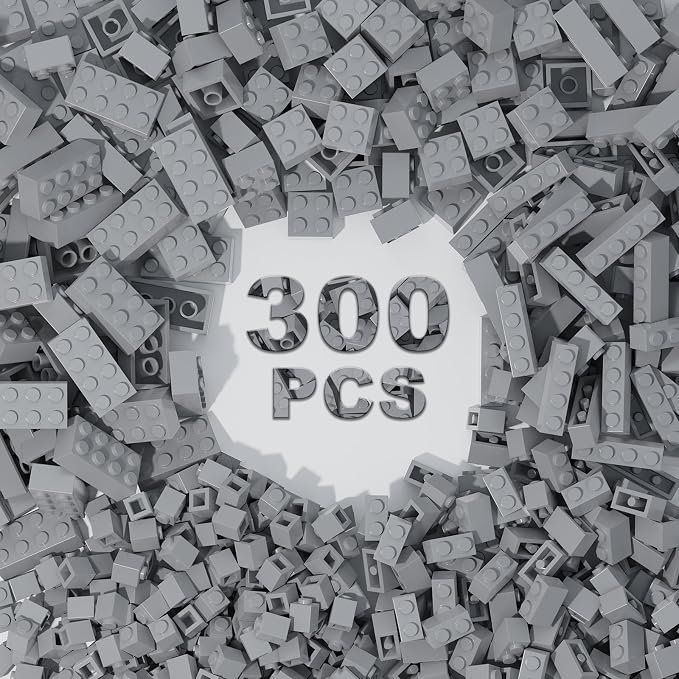 300 Pcs Classic Building Bricks, Light Gray Bulk Bricks,Compatible with Major Brands Parts and Pieces, Creative Building Block Toys for Boys Girls Ages 6 7 8 9 10 Year Old