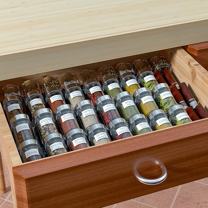 Sezanrpt Acrylic Spice Drawer Organizer Rack Adjustable From 12 Inch to 24 Inch Wide, 4 Tier Spice Organizer Shelf for Kitchen Drawer Display, Kitchen Spice Rack Tray for Drawer