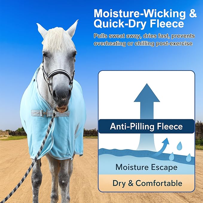 Horse Fleece Cooler, Blanket Liner - 300g Anti-Pilling Fleece, Moisture-Wicking, Cooling & Drying for Post-Workout, Bath & Travel, Prevent Overheating & Chilling Lightblue 78