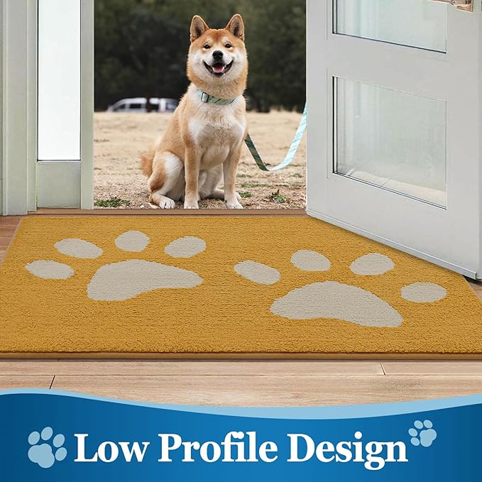 Buganda Dog Door Mat for Muddy Paws, Absorbent Dirt Trapper Washable Indoor Doormats, Non Slip Low-Profile Mud Mat for Dogs, Front Entrance Doormat for Inside Floor (48x30 Inches, Yellow)