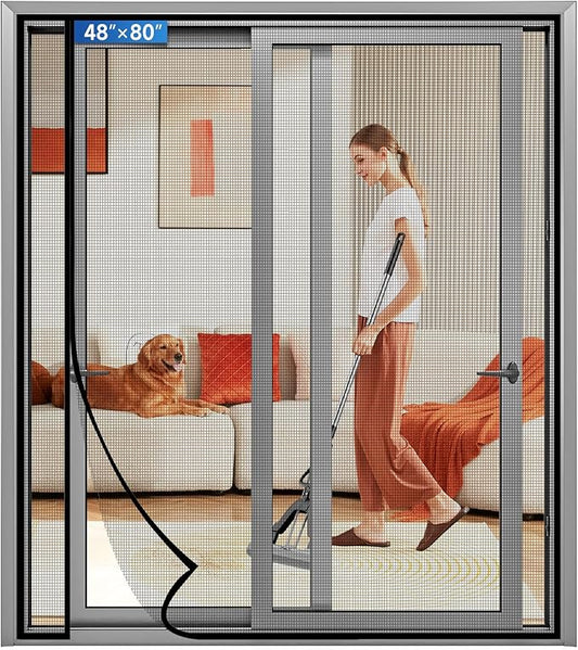 Magnetic Screen Door Left Right Side Opening Upgraded PET Mesh Greater Than Fiberglass and Polyester,Keep Bugs Out,Pet & Kid Friendly,Suitable for Sliding Doors,Patio French Doors-48" X 80"