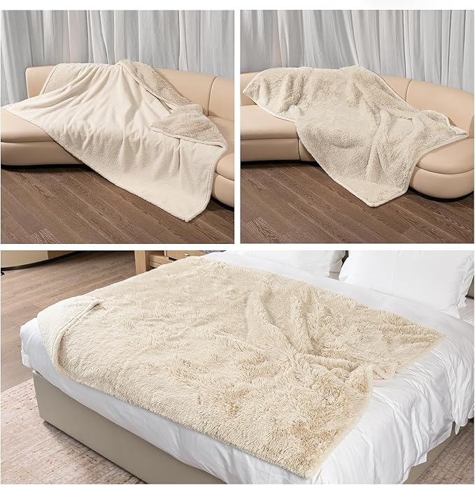 Calming Dog Blanket,Waterproof Long Faux Fur Pet Blankets for Medium Puppy Cat Reverible Sofa Couch Covers Washable Pets Ded Cover Cream S-40x28in
