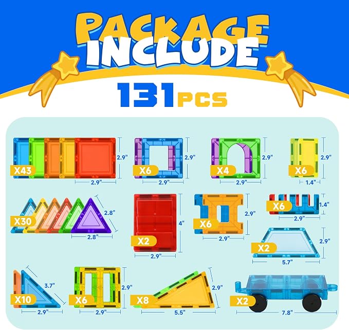 Magnetic Tiles 131 PCS with 2 Cars STEM Toys for Kids Ages 3-8