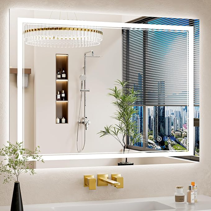 32"x40" LED Bathroom Mirror with Lights, Anti-Fog, Backlit + Front Lit, Dimmable, Led Vanity Mirror for Wall, Lighted Bathroom Mirror, 3 Colors, Shatter-Proof Tempered Glass