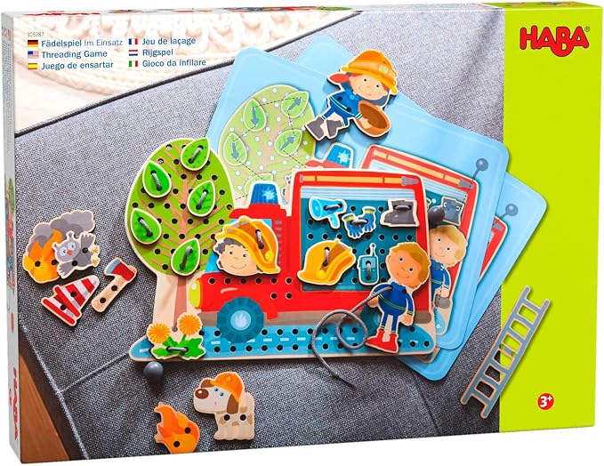 HABA Fire Engine Rescue Themed Lacing Toy Set for Preschool Learning, Fine Motor Skills Development Game with 38 Threading Tiles and 2 Template Cards, Kids Educational Toy Ages 3-5