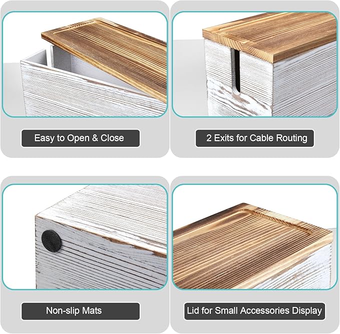 Large Cable Management Box, White Washed Wood Cord Organizer Box for Desk, Floor, Office to Hide Extension Cords Power Stripes Surge Protectors Chargers Wires