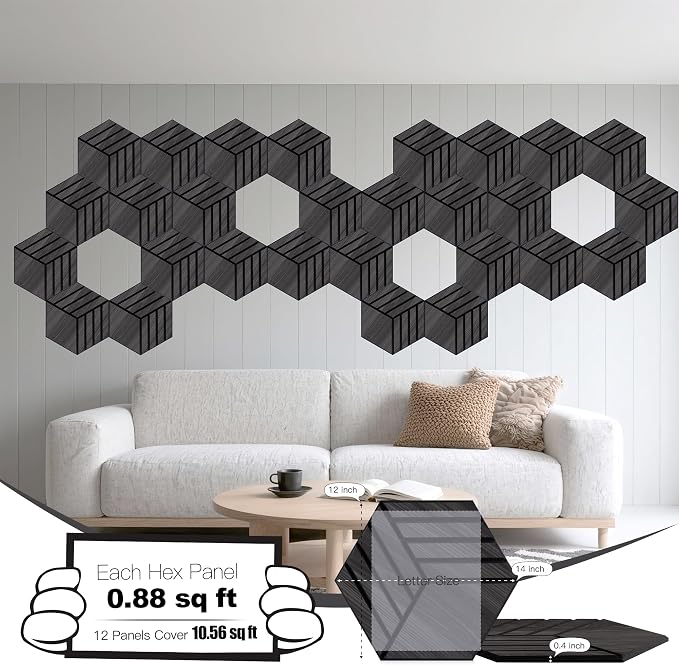 Mollywell Acoustic Panels, PVC Wood-Grain, 14x12 Inch Hexagon Carved Sound