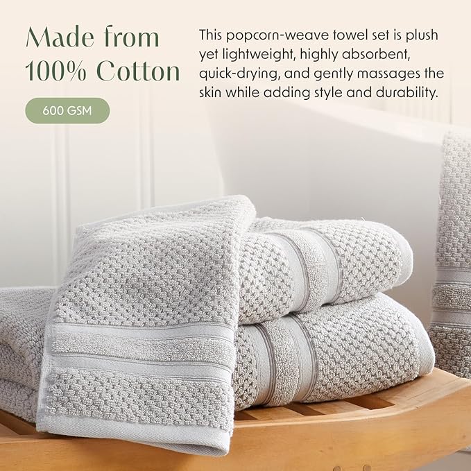 Springtree Home Grey Bath Towels Set of 4 | Popcorn Textured | 100% Combed Cotton | Absorbent Quick-Dry Gray Towels for Bathroom | Oeko-TEX® Standard 100 Cotton | Poli Collection - High Rise Grey