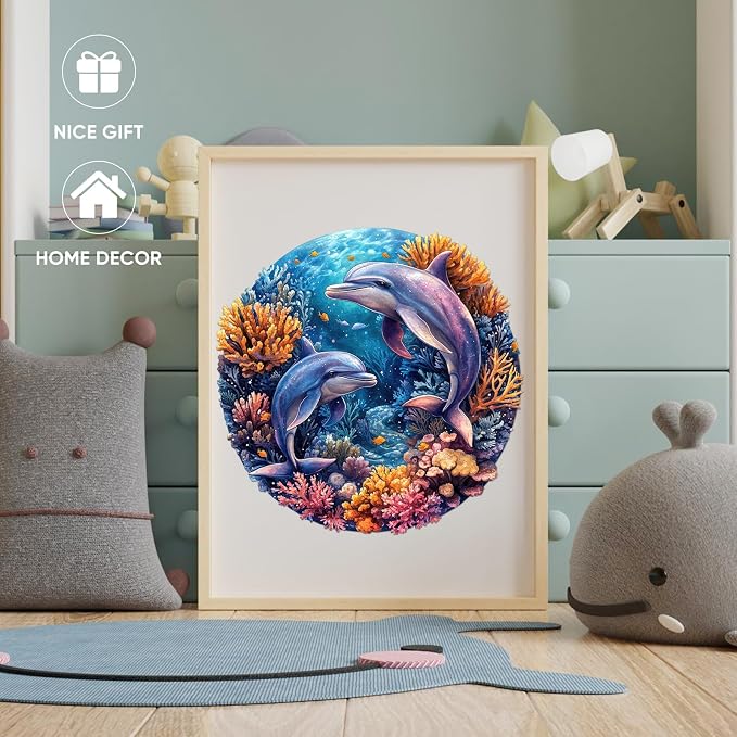 Qiuenisray Wooden Puzzles for Adults 500 Pieces, Dolphins Wood Jigsaw Puzzles, FSC Certified Royal Unique Shape Ocean Adult Puzzles, Irregular Creative Gift for Family Game 16.5 x 16.5 in