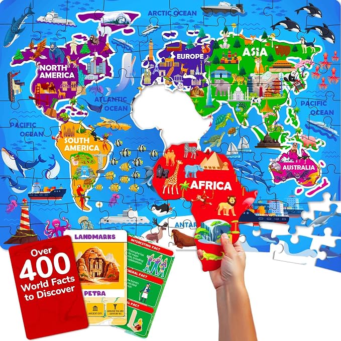 World Map Puzzles for Kids Ages 8-10 - 70 Pcs Jigsaw Kids Puzzles Ages 6-8 | 70 Pcs Floor World Puzzle for Kids Ages 8-12 - 50 Cards with 400+ Fun Facts - Continent Shaped Educational Gift for Ages 4-8