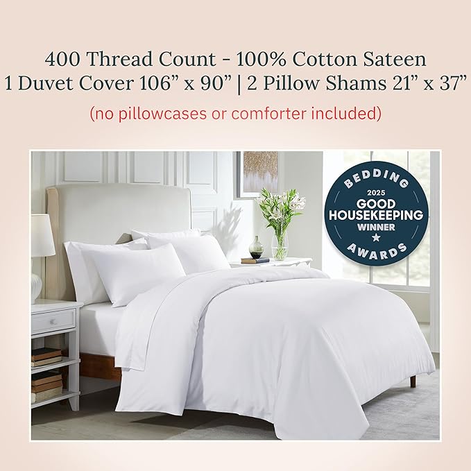 California Design Den 3 Pc White King Duvet Cover Set - Winner Good Housekeeping Best Bedding Awards 2025, 400 Thread Count Sateen, 100% Cotton Duvet Cover Set, Button Closure, Corner Ties - White