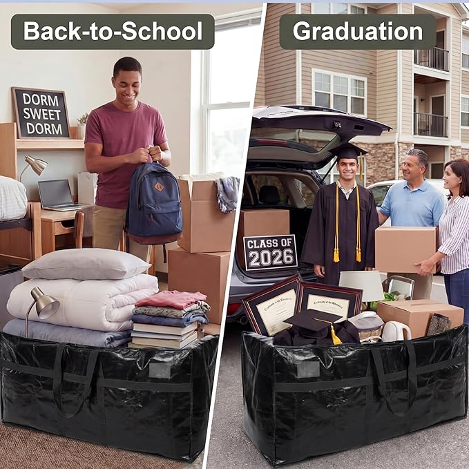 6 Pcs 66 Gallon Extra Large Moving Bags Heavy Duty Storage Bag with Strong Zipper Handle Foldable XXL Jumbo Storage Tote Packing Moving Box for College Dorm Travel Cloth Duffle (Black)
