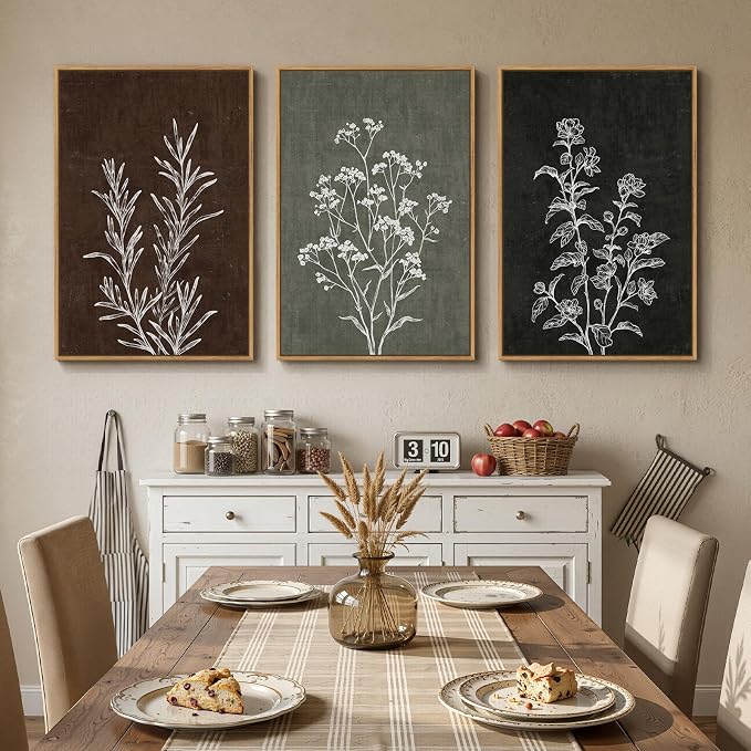 Framed Boho Botanical Wall Art for Living Room, 3 Piece Rustic Floral Canvas