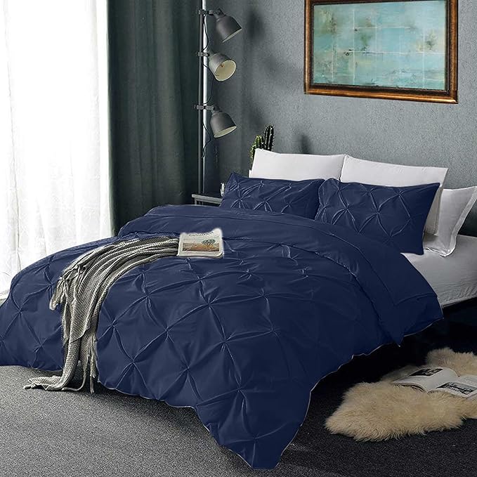 Pinch Pleated Duvet Cover Set 100% Brushed Microfiber 3PC Calking Size 98x104 Duvet Cover Set, Decorative Pinch Design Navy Blue Duvet Cover with Matching Pillow Case