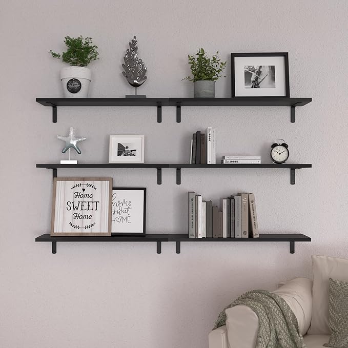 WOPITUES Wood Floating Shelves Set of 6, 24 inch Long Floating Shelves for Wall Decor, Farmhouse Shelf for Bedroom, Bathroom Storage Shelves, Book Shelves for Living Room - Black