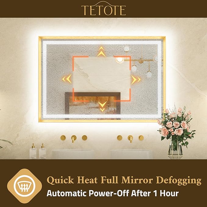 TETOTE Led Bathroom Mirror 30 x 30 with Brushed Gold Frame Anti-Fog Frontlit & Backlit Vanity Mirror Stepless Dimmable Lighted Mirrors for Bathroom Wall 3 Colors White/Warm/Natural Wall-Mounted