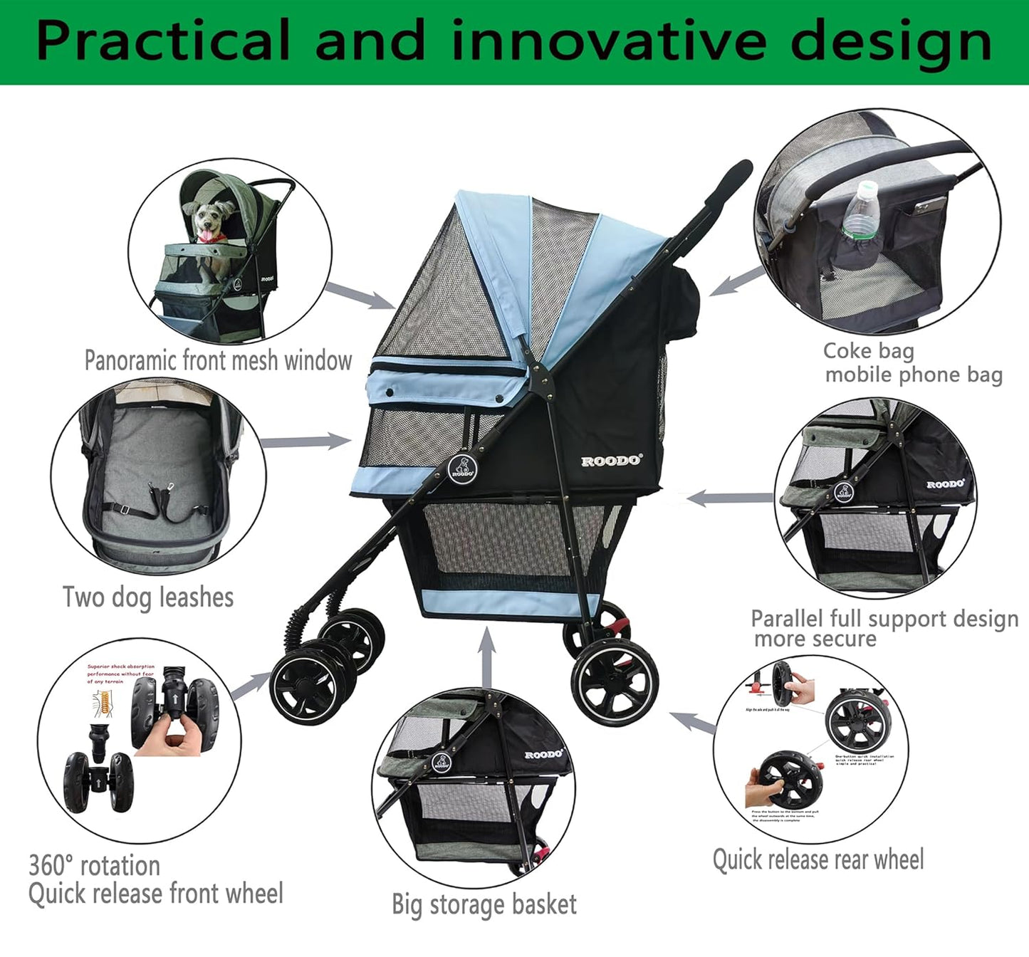 ROODO 4 Wheel Dog Cat Pet Stroller Best Lightweight Foldable Compact Portable Jogger All Terrain Travel Pet Gear Puppy Doggie Bunny Kitty Stroller for up to 30lbs Medium Small Dogs Cats(Sky Blue)