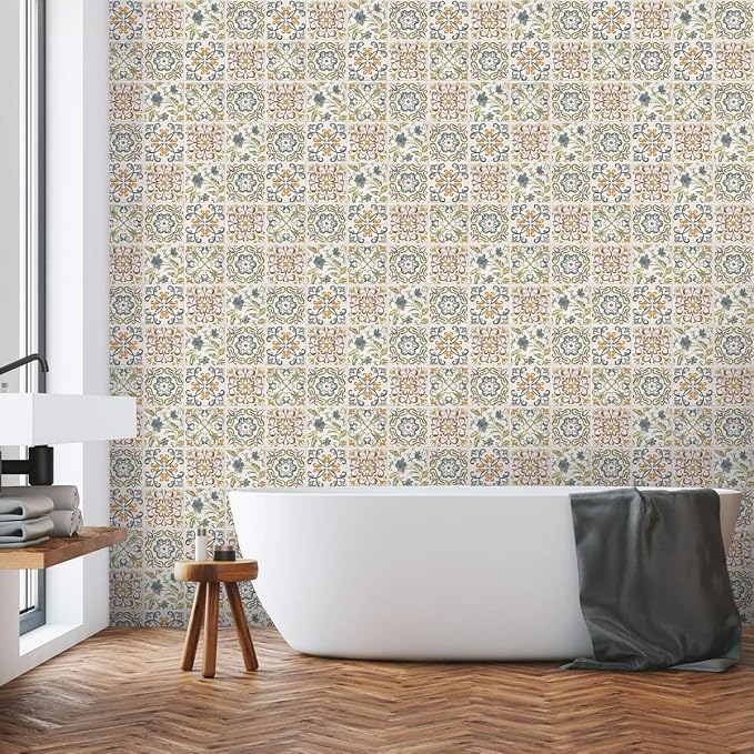 Wudnaye Bohemian Wallpaper Peel and Stick Faux Tile Contact Paper 17”×196” Tile