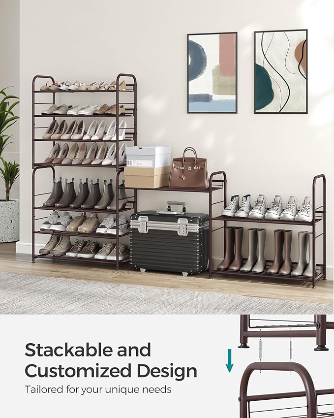 SONGMICS Stackable Shoe Rack, 4 Tier Metal Shoes Rack Storage Shelf, Holds up to 20 Pairs Shoes, Adjustable Slanted Shelves Tower Organizer for Closet Entryway Small Spaces, Bronze