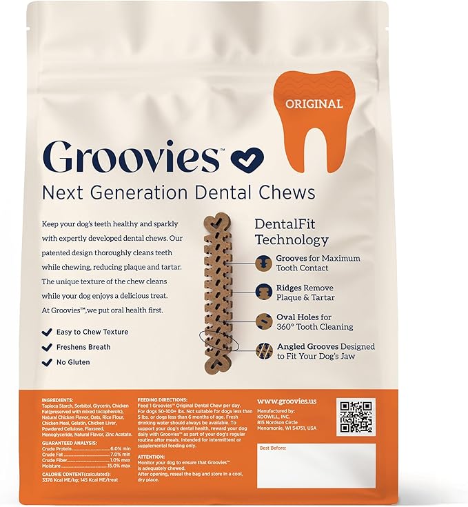 Groovies Flexible Dog Dental Chews with Patented DentalFit Technology to Help Support Tartar Control & Fresh Breath, X-Large Dog Chews for 50-100 lb Dogs, USA Manufactured Oral Care, 8 Chews