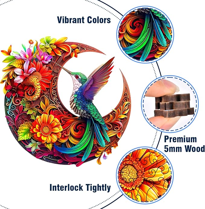 Unique Wooden Puzzles for Adults, Hummingbird Puzzle 300 Pieces 15.35" x 15.15", Animal Shaped Wood Puzzles Adult, Wooden Jigsaw Puzzles for Adults, Family Games for Kids and Adults