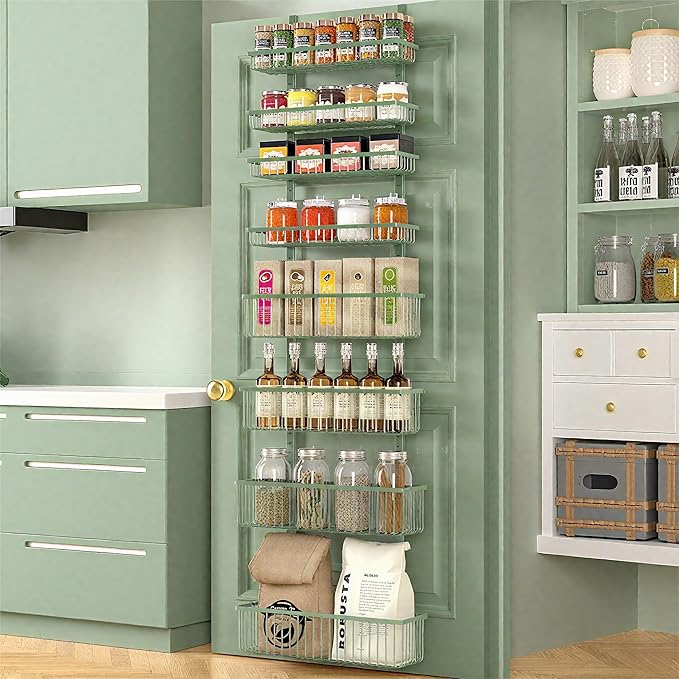 Moforoco Sage Green Over The Door Pantry Organizer, Pantry Door Organizer Shelves, Kitchen Organizers and Storage, Hanging Basket Wall Spice Rack Seasoning Shelves