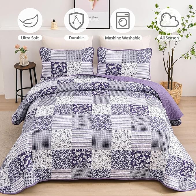 Mybedsoul Purple Quilt Set Full Size, 3 Pieces Plaid Floral Bedspread Set Patchwork Reversible Bedding Set Microfiber Lightweight Bedspread Coverlet Set for All Season 78"x90"