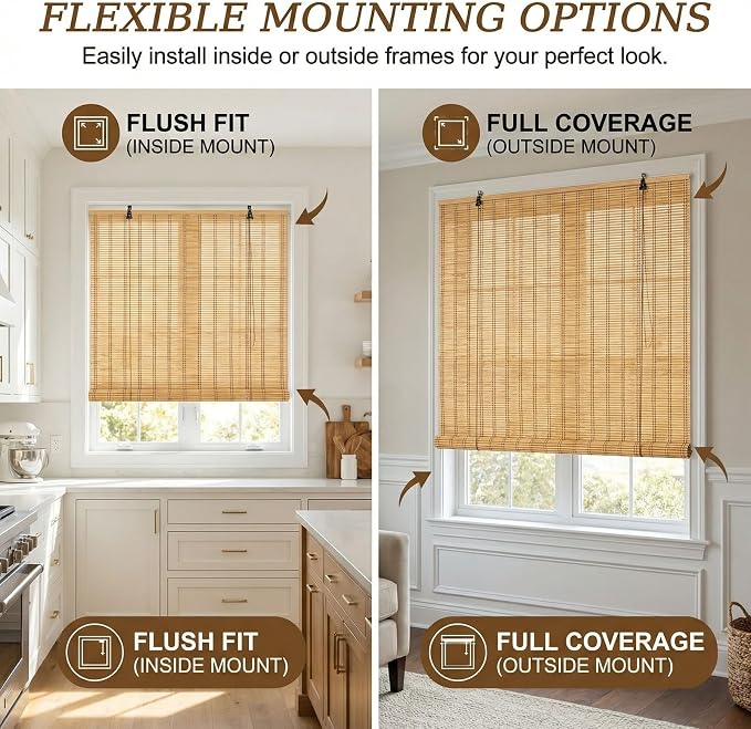 Glimer Bamboo Blinds for Interior Windows, Natural Roll Up Bamboo Shades for
