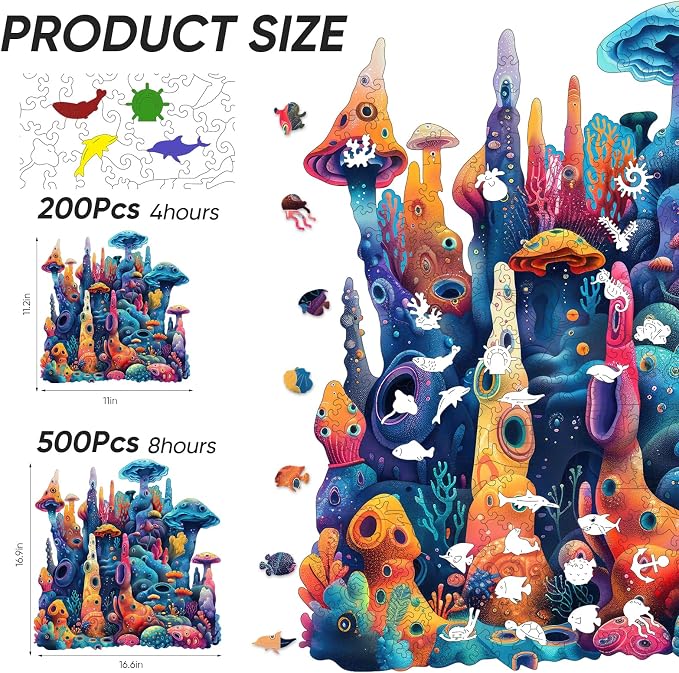 Qiuenisray Wooden Puzzles for Adults 500 Pieces, Coral Ocean Jigsaw Puzzles | FSC Certified Wood Puzzle, Wall Decor, Unique Shape Puzzle Piece, Creative Gift for Family Game 16.6x16.9 in