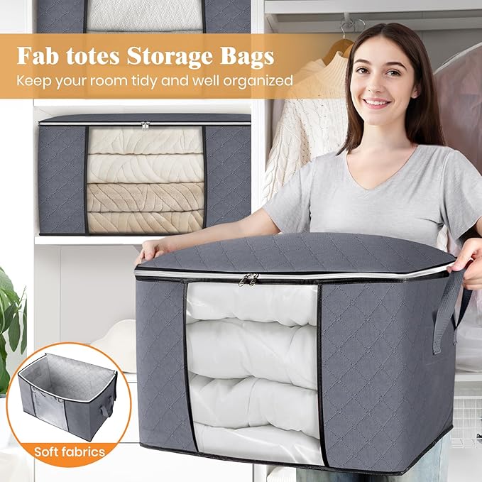 Fab totes 24 Gallons Clothes Storage, Foldable Thick Fabric Blanket Storage Bags, Containers for Organizing Bedroom, Closet, Clothing, Comforter, Organization with Handle (4 Pack,Grey)